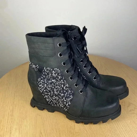 Sorel Women's 9 Joan of Arctic Lexie Wedge Snow Boots Black Tweed Winter Casual - Picture 2 of 8